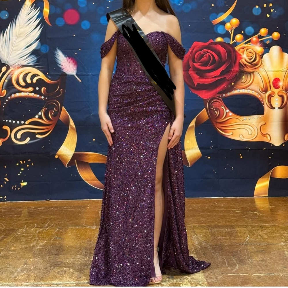 Purple sequin vneck mermaid hem ruched waist front slit dress